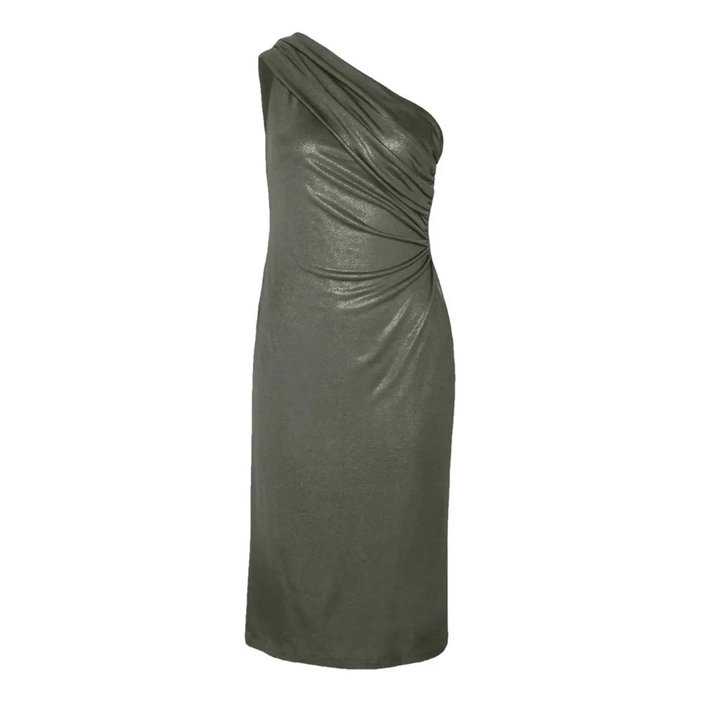 Lauren Ralph Lauren One-Shoulder Metallic Olive Green Dress - Picture 5 of 10